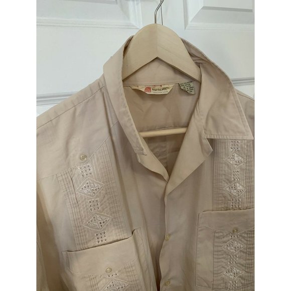 Vintage SUPREME Men’s Guayabera Tan Sz 1X Embroidered Short Sleeve Button Shirt - Picture 6 of 7